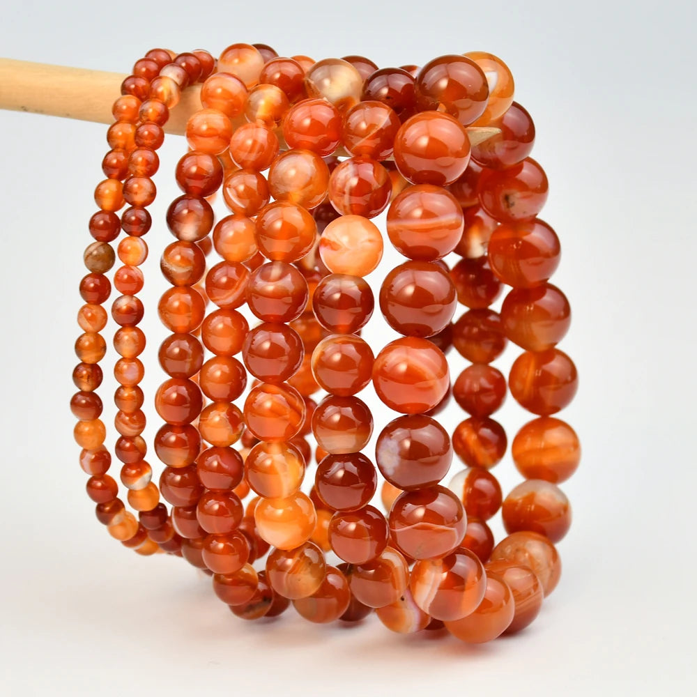 VINTAGE SARDONYX CARNELIAN 4MM, 6MM, 8MM, 10MM NATURAL STONE ROUND BEADED BRACELET - GOTH-O-CLOCK