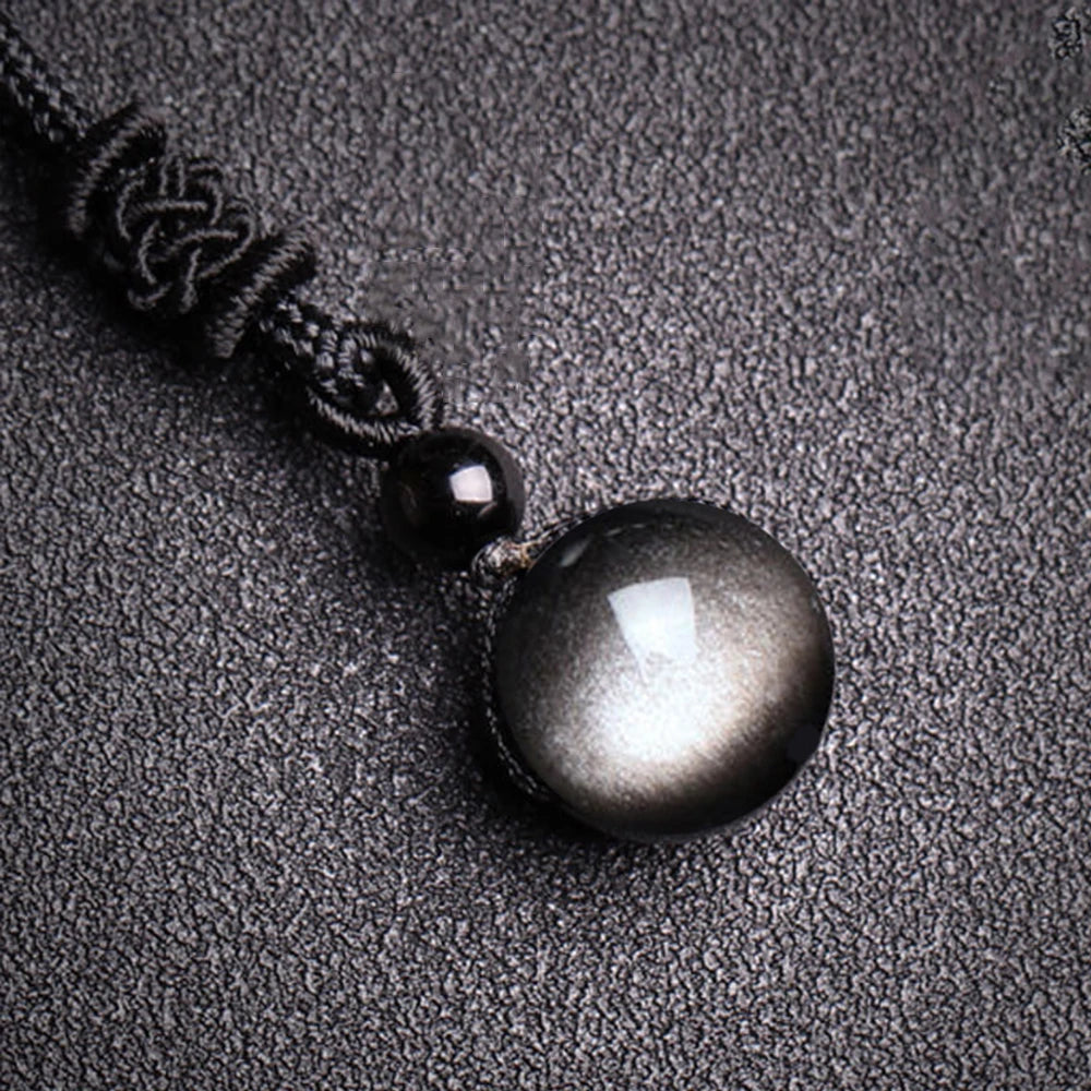RAINBOW EYE OBSIDIAN BEAD PENDANT ROUND BALL CRYSTAL NECKLACE ADJUSTABLE ROPE NATURAL CRYSTAL STONE - GOTH-O-CLOCK