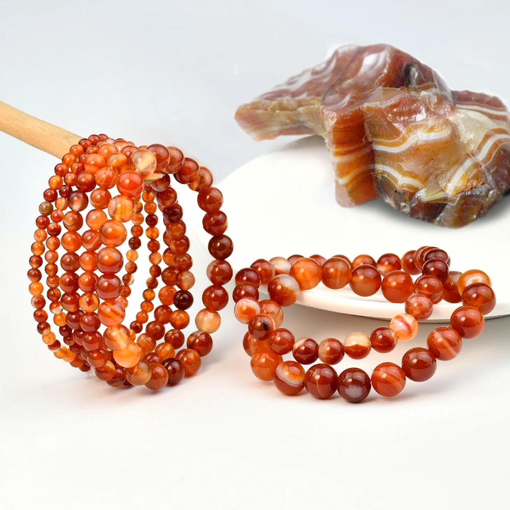 VINTAGE SARDONYX CARNELIAN 4MM, 6MM, 8MM, 10MM NATURAL STONE ROUND BEADED BRACELET - GOTH-O-CLOCK