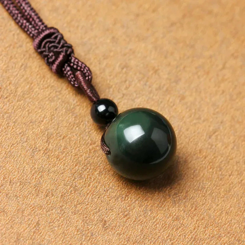 RAINBOW EYE OBSIDIAN BEAD PENDANT ROUND BALL CRYSTAL NECKLACE ADJUSTABLE ROPE NATURAL CRYSTAL STONE - GOTH-O-CLOCK