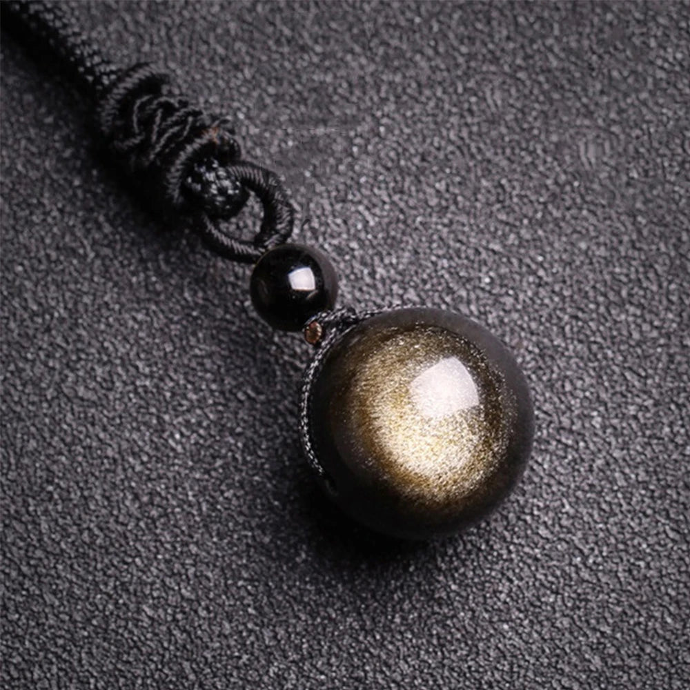 RAINBOW EYE OBSIDIAN BEAD PENDANT ROUND BALL CRYSTAL NECKLACE ADJUSTABLE ROPE NATURAL CRYSTAL STONE - GOTH-O-CLOCK