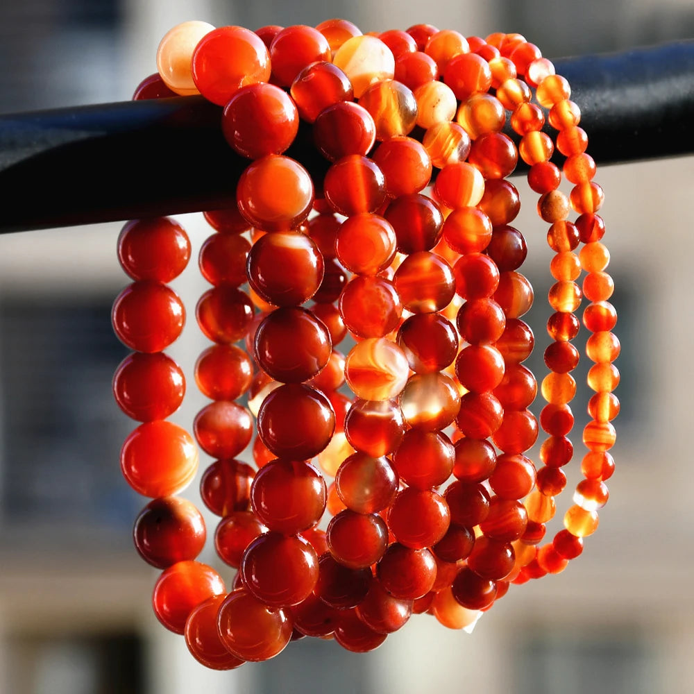 VINTAGE SARDONYX CARNELIAN 4MM, 6MM, 8MM, 10MM NATURAL STONE ROUND BEADED BRACELET - GOTH-O-CLOCK