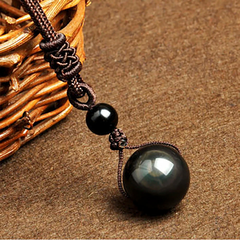 RAINBOW EYE OBSIDIAN BEAD PENDANT ROUND BALL CRYSTAL NECKLACE ADJUSTABLE ROPE NATURAL CRYSTAL STONE - GOTH-O-CLOCK