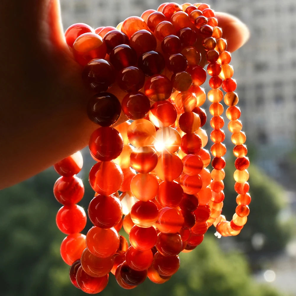 VINTAGE SARDONYX CARNELIAN 4MM, 6MM, 8MM, 10MM NATURAL STONE ROUND BEADED BRACELET - GOTH-O-CLOCK