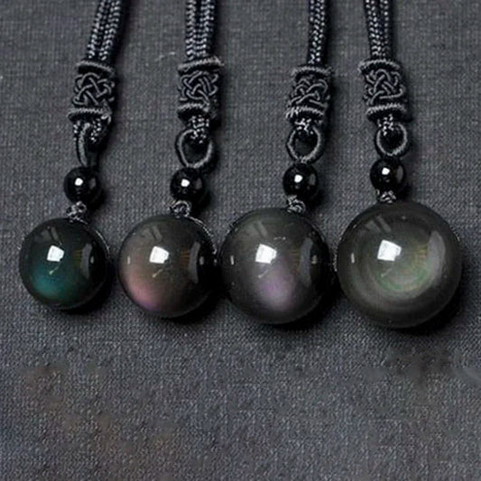 RAINBOW EYE OBSIDIAN BEAD PENDANT ROUND BALL CRYSTAL NECKLACE ADJUSTABLE ROPE NATURAL CRYSTAL STONE - GOTH-O-CLOCK